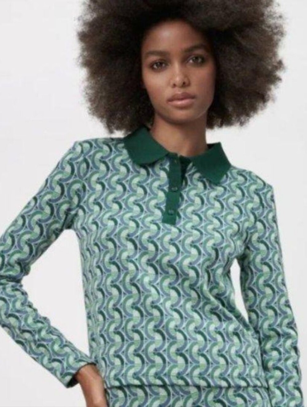 ZARA Long-sleeve Green + Blue Polo Top - Size S